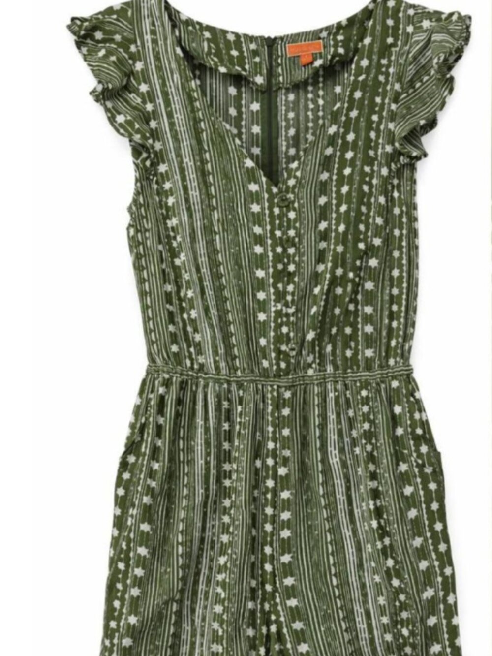 ModCloth Green Star Print Ruffle Sleeve Romper Small